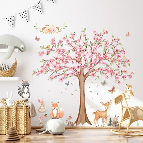 Decoration Chambre Bebe Stickers Muraux Fleurs de Cerisier Rose Stickers Muraux Enfants Renard Cerf Décoration Animaux Forêt Autocollants Decoration Chambre Fille