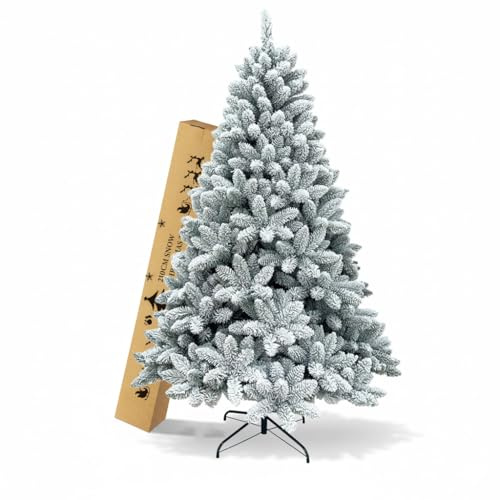 LEIVESTE - Artificial Christmas Tree, 150 cm, Snowy Green, Super Thick, Folding Iron Cross Base, Realistic Effect with Snow, Branches with Umbrella Opening (150 cm)