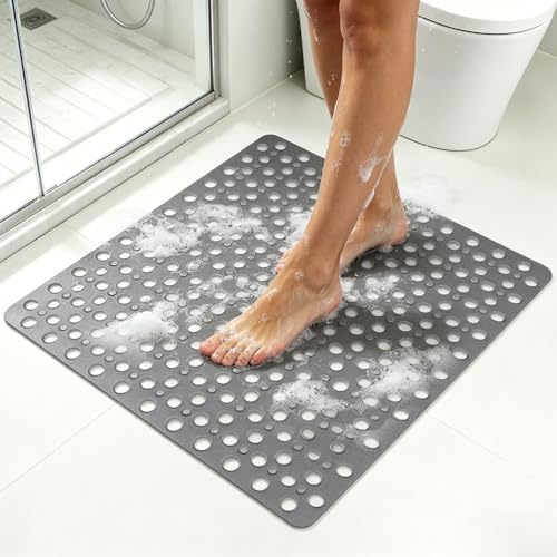 Tappetino da doccia antiscivolo, 70 x 70 cm, in TPE grande e morbido, antiscivolo, con ventose e fori di drenaggio, 100% senza BPA, resistente alla muffa e lavabile in lavatrice (grigio)