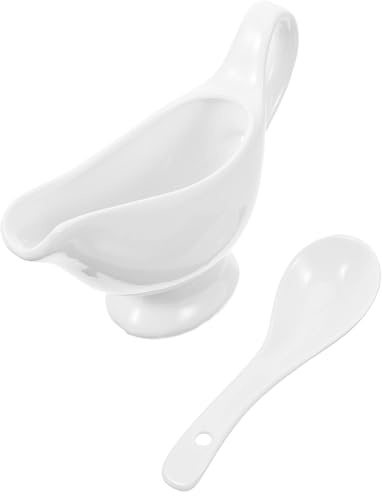 DONFAMDS Salsiera Design Antigoccia Ceramica da 175ml Bianca Profondo con Cucchiaio per Servire Salse e Condimenti a Cene di Lavoro