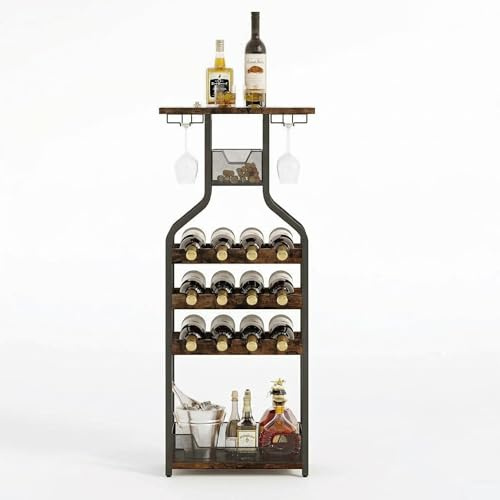 Crevyteg Casier à vin sur Pied en métal rétro – 6 Niveaux pour 12 Bouteilles, étagères de Rangement, Porte-Verres Suspendus, Table Bar intégrée – pour Cuisine, Salle à Manger, Salon – Couleur rétro