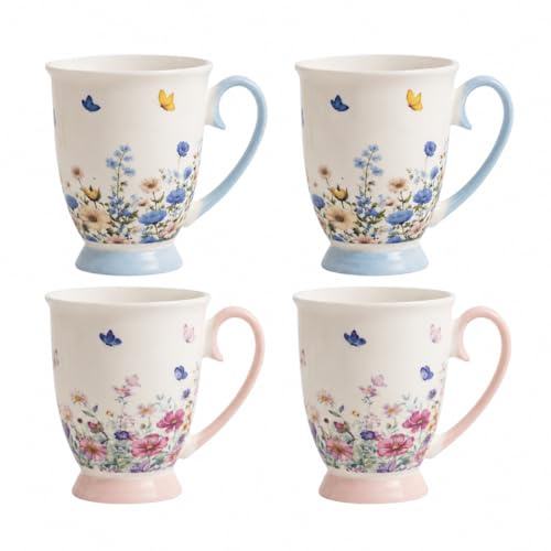 Set of 4 New Bone China Floral Butterfly Mugs 310ml – Pink & Blue Wildflower Tea Coffee Cups – Dishwasher & Microwave Safe Decorative Mug Set 11cm x 9cm for Home Kitchen Office Use