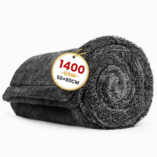 Omtofo Toalla Secado Coche 80 * 50cm, 1400GSM Toalla Microfibra Coche Super Absorbente, Sin Pelusa ni Rayones, Secado Rápido Sin Rayas Coches, Motos, Barcos y Detallado de Vehículos (Gris)