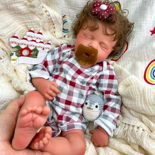 Reborn-Babypuppen-Zwillinge (schlafend) – mit handgerootetem Lockenhaar und offenem Mund zum Füttern; Vollsilikon-Körper, in Geschenkbox – ideal für Sammler (Boy*1)