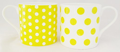 Yellow Dots & Spots Mugs Set of 2 Fine Bone China Large Balmoral Cups Hand Decorated in The UK