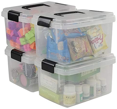 Fosly 4 Set of Transparent Plastic Storage Boxes with Lids Clip, Small Plastic Box with Lid