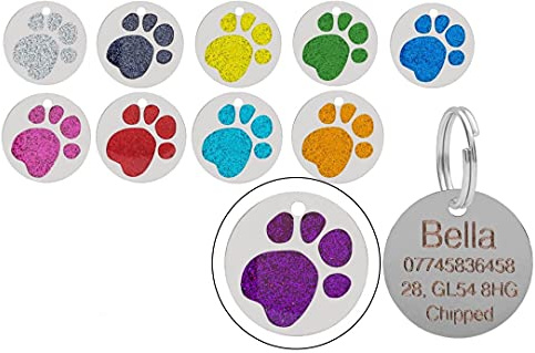 Personalised Engraved Round Glitter Paw Print Dog/Cat Pet ID Tag Small/Large (36mm - Extra Large, Purple)