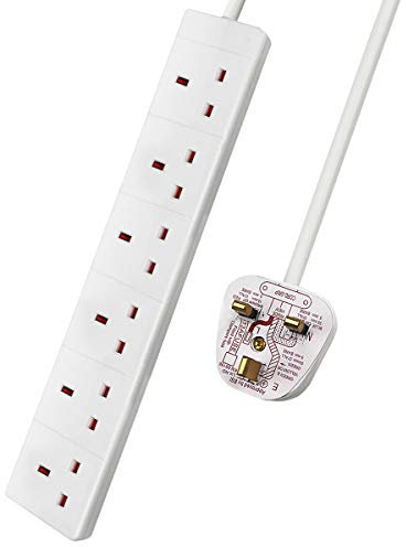 ExtraStar 6 Way Extension Lead, 13A Fused UK Plug Extension Socket, 1M Extension Cable Power Strip - White