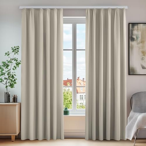 Deconovo Blickdichte Vorhänge mit Kräuselband Gardinen Thermovorhang Kälteschutz, 210x140 cm(HöhexBreite), Creme, 2er Set