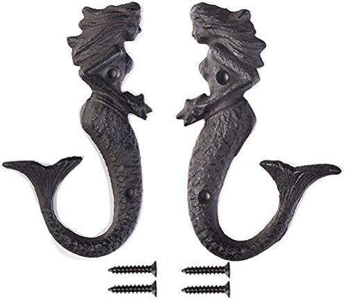 KiaoTime 2 x Gusseisen-Haken im Meerjungfrauen-Design, rustikaler Wandaufhänger, Dekoration für Strand, nautische Küste, Badezimmer, Dusche, Handtücher, Wandgarderobe