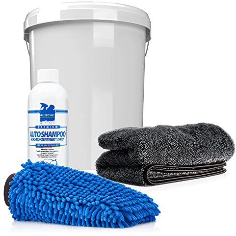 detailmate Auto & Motorrad Wasch Set mit detailmate Autoshampoo 500ml Konzentrat + Wascheimer mit passendem Deckel + Mikrofaser Chenille Waschhandschuh + saugstarkes Trockentuch, 50x80cm, 1000GSM