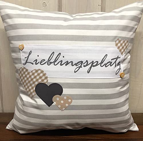 1 Kissenhülle, Kissenbezug,Landhausstil Kissen *Lieblingsplatz* grau/weiß gestreift mit Herzen (Baumwolle, 40x40)