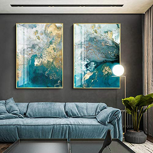 LGHLJ Abstrakte Aquarell wandbilder Blau Golden Rendering Moderne Dekorative Bild Leinwand Poster Für Wohnzimmer Büro Dekor Bild 50x70cmx2/Kein Rahmen