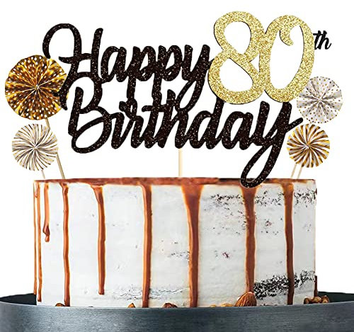 Tortendeko 80 Schwarzes Gold set Doppelseitiges Glitzerpapier Happy Birthday Cake Topper für Geburtstag Deko 80