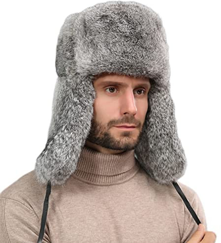 XUYUZUAU Trapper-Hut für Herren, warm, Winter, Pilotenmütze, echte Fellmütze mit Ohrklappe, Naturgrau, 59-60
