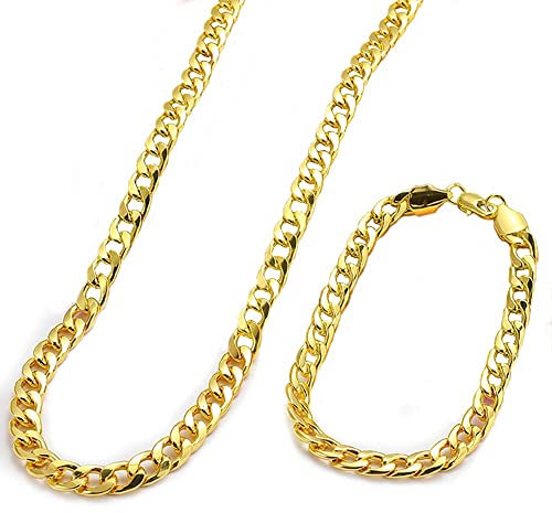 Fewlew Gold/Silver Cuban Link Chain Necklace Set - Gold Curb Chains for Men, Hip Hop Style