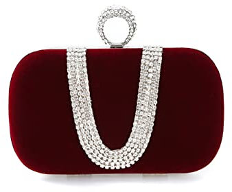 CORIOS Damen Abendtasche Samt Clutch Tasche Glitter Strass Handtasche Glänzend Schultertasche Kette Tasche Elegante Umhängetasche Shining Portemonnaie für Cocktail Party Abendparty Tanzparty Weinrot