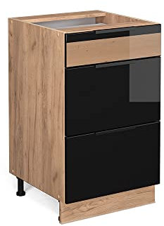 Vicco Küchenunterschrank Fame-Line, Schwarz-Eiche Hochglanz/Goldkraft Eiche, 50 cm ohne Arbeitsplatte