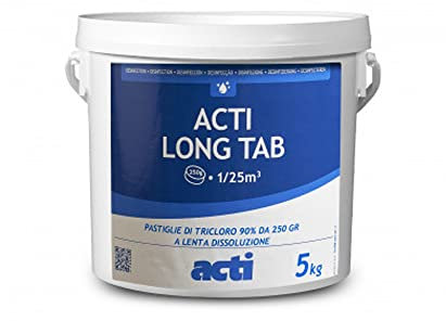 AcquaHOME® ACTI - PASTIGLIE TRICLORO 90% LONG TAB 250 - FUSTO DA 5 KG - TRATTAMENTO ACQUA DELLA PISCINA - PASTIGLIE A LENTA DISSOLUZIONE - PRODOTTO ALTAMENTE STABILIZZATO