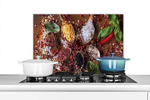 KitchenYeah© Spritzschutz Küchenrückwand Platte Küche Deko Aluminium Platte Spritzschutz Küchenwand WandverkleidungGewürze - Kräuter - Löffel - Salz - Braun - Lebensmittel - 60x40 cm
