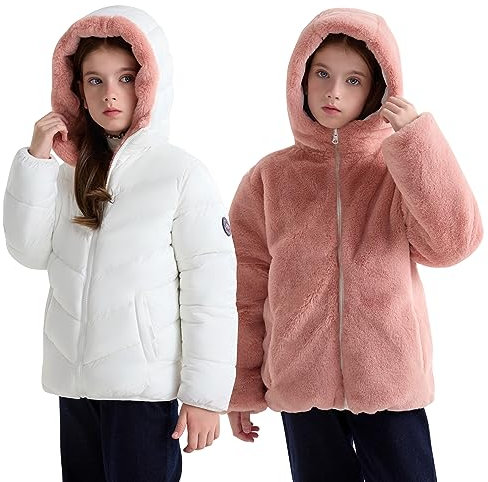 maoo garden Bambina e Ragazza Inverno Reversibile Giacca Bambini Pesi Massimi Soffice Pile Foderato Cappotto Resistente All'Acqua Bianco 128