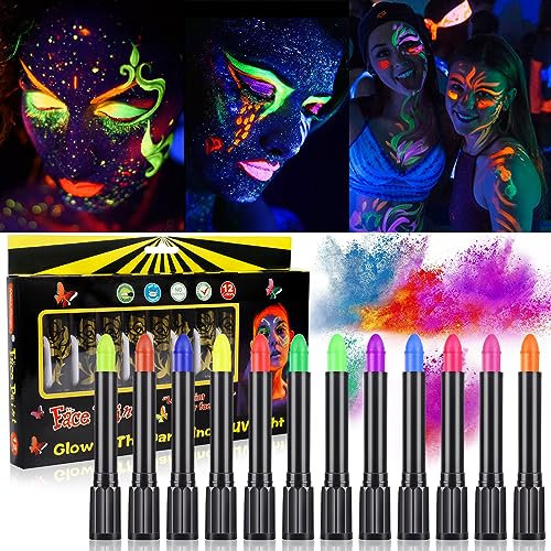 GUHAOOL Leuchtende Gesichtsmalstifte, 12 Farben Neon UV Kinderschminke Set, UV Bodypainting, Abwaschbare Kinderschminke Set, Körperfarbe Kinder UV Buntstifte für Halloween Karneval Make-up Fasching
