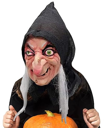 Deno Hexenmaske, Alte Frau, Hexenmaske Mit Perücken, Hexenhut, Halloween, Gruseliges Horror-Cosplay-Kostü, Hexenkostü -Zubehör, Vollgesichtsmaske, Horrormasken Für Erwachsene