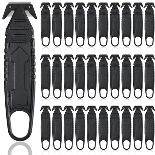 Therwen 30 Pcs Safety Box Cutter Knife of Stainless Steel Concealed Blade Package Opener with Tape Splitter for Carton Cardboard Wrap Letter Work Bag Straps Film Utility Tool (Black)