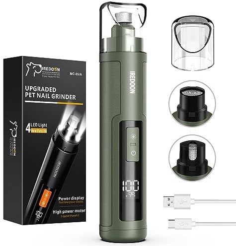 IREDOON Lima Unghie Cani - Tagliaunghie Cani Elettrico Ricaricabile Professionale a 3 velocità per Animali Domestici con 4 luci LED - Ultra Silenzioso (40db) per Cani/Gatti, con Cappuccio Antipolvere