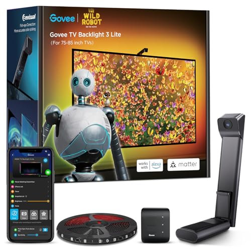 Govee TV Hintergrundbeleuchtung 3 Lite mit Fish-Eye Korrektur Funktion, Sync für 75-85 Zoll TVs, 5M RGBICW WiFi TV LED Strip mit Kamera, 4 Farben in 1 Lampenperle, Sprach- & APP-Steuerung