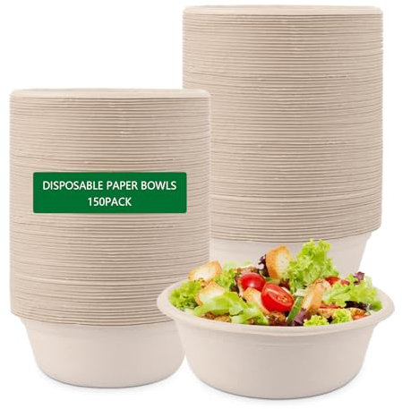 FWEEK 150 cuencos desechables de bagazo de caña de azúcar de 500 ml, cuencos desechables de 500 ml, cuencos desechables, compostables, para fiestas, bodas, picnics