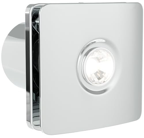 Chrome Bathroom Extractor Fan with Light 4 Inch/100mm IPx4 Rated - Flow Plus Ceiling Bathroom Fan Extractor for Ventilation, Silent Exhaust Fans for Bathrooms, Lightweight Exhaust Fans for Toilet