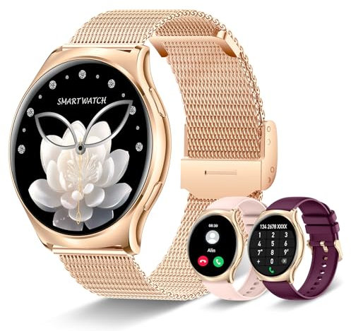 Iaret Montre Connectée Femme, Écran AMOLED 1,43'' Smartwatch avec Repondre Appel 100+ Modes Sportifs Fréquence Cardiaque Sommeil Podometre Calories, 3 Bracelets Montre pour Android iOS, Or Rose
