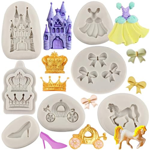MYPRACS Cendrillon Fondant Moule Contes De Fées Château Citrouille Carrosse Robe De Princesse Chaussures En Cristal Arc Couronne Silicone Chocolat Bonbons Moule Pour Sucre Gâteau Décoration Cupcake