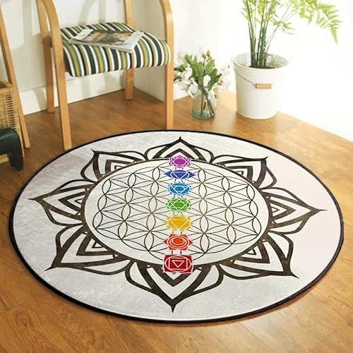 SANBEC Bunte Chakra-Blume des Lebens, runder Teppich, Wohnzimmerteppich, Camping-Picknickmatte, Wohnzimmer, rutschfeste Yogamatte, Kinderspielmatte