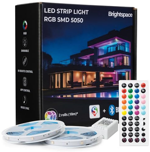 Brightspace, Ruban Led 20m, Controlé par APP Bluetooth où Télécommande 44 Touches, Synchroniser avec Rythme de musique, ruban led, intérieur, Rgb, decoration chambre, salon, cuisine.