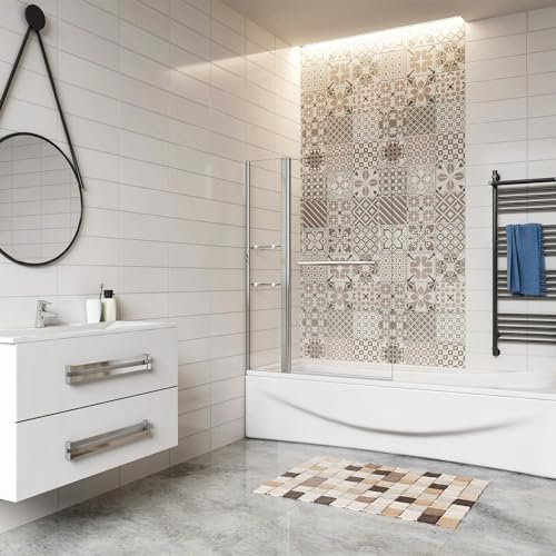Pare-baignoire 120cm pivotant 180° en verre trempé clair Hauteur 140cm, paroi de baignoire, écran de douche avec 2 étagères
