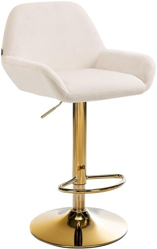 CLP Tabouret De Bar Braga Housse en Velours avec Cadre Doré, Réglable en Hauteur Et Rotatif À 360°, Chaise De Bar avec Repose-Pieds, Couleur:crème