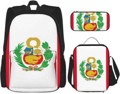 WURTON Trendige Rucksacktaschen mit Flagge von Peru, Lunchbox und Federmäppchen, 3-in-1, verstellbares Rucksack-Set, Schwarz, Einheitsgröße, Schwarz , Einheitsgröße