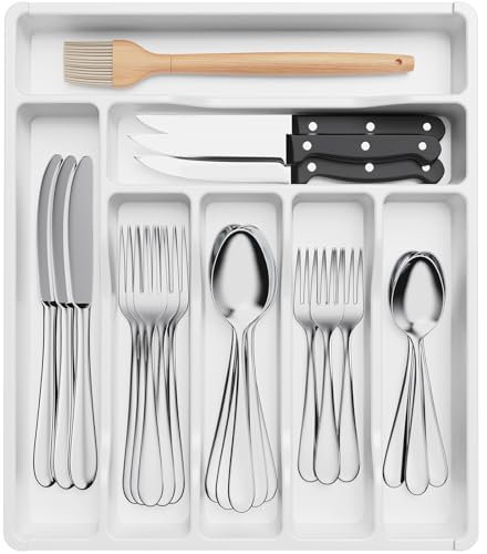 Lifewit Besteckkasten für Schubladen, Besteck Organizer Schublade Organizer Küche Kompakt Besteckeinsatz Utensilienhalter für Schublade aus Kunststoff für Löffel, Gabeln, 7 Fächern, Weiß