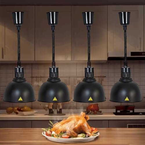 Aocay Wärmelampe Küche Gastro, Hängende Speisenwärmer Lampe Einstellbare Höhe, 250W Lebensmittel Wärmelampe Buffet 19cm/25cm(Schwarz-25cm, 4 Stück)