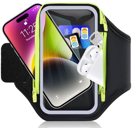 Razobws Brassard Telephone Sport avec Poche Écouteur, Porte Telephone Course a Pied pour iPhone 16 15 14 13 12 Pro Max Galaxy S25 S24 S23, 6,9'' Telephone Brassard pour Running Jogging (Noir)