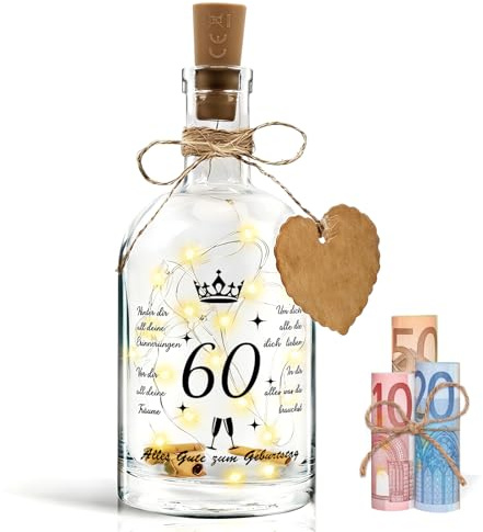 Led Flaschenlicht mit Spruch, Beleuchtete Flaschen, Geschenk 60 Geburtstag Mann und Frau, Geldgeschenke Geburtstag, Led Flaschenlicht 60. Geburtstag mit Korken, Flaschenpost, Geschenk für Weihnachten