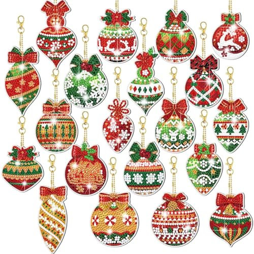 Diamond Painting Weihnachten Anhänger Set, 20 Stück 5D Kinder, Doppelseitige Weihnachten Deko, DIY Schlüsselanhänger für Weihnachtendeko und Geschenk