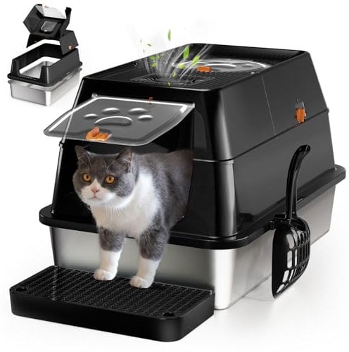 Lettiera per Gatti in Acciaio Inox, paletta lettiera gatto,Lettiera Gatto Chiusa XXL, Contenitori per lettiere con Pala, Doppio Strato Opaco Toilette per Gatti, Cassette igieniche per gatti - Nero