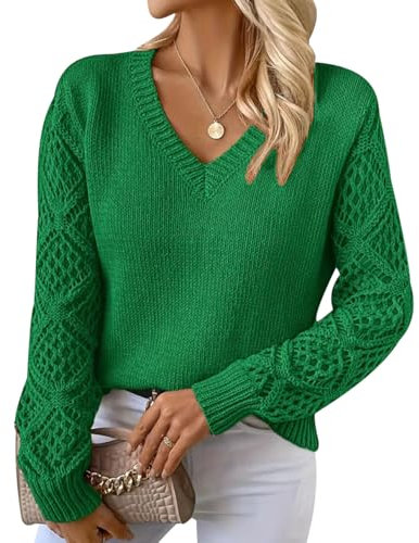 Jersey Cuello V Mujer Jerséis Mujer Pullover Sweater Women Sueter Punto Mujer Manga Larga Invierno Primavera Jerseys Mujeres Jersey de Cuello Pico Fino Punto Señora Suéter Tejido para Mujer Verde S