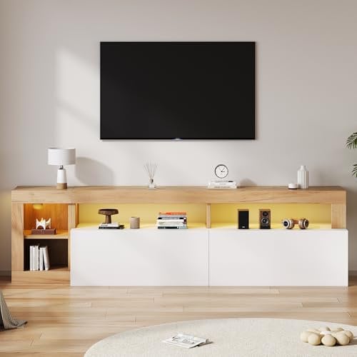 Lexiou Moderner TV-Schrank für Fernseher bis 80 Zoll, offener Stauraum mit LED-Kontrollleuchte, geeignet für Schlaf- und Wohnzimmerschrank, originaler Holzrahmen, weiße Schranktür