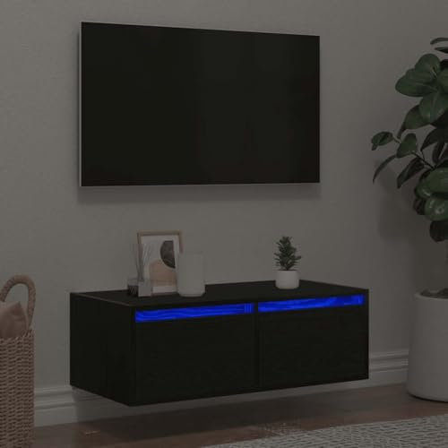 Rantry Meuble TV avec lumières LED chêne noir 75 x 35,5 x 25 cm, meuble TV meuble bas pour TV pour table de salon industrielle, support TV salon