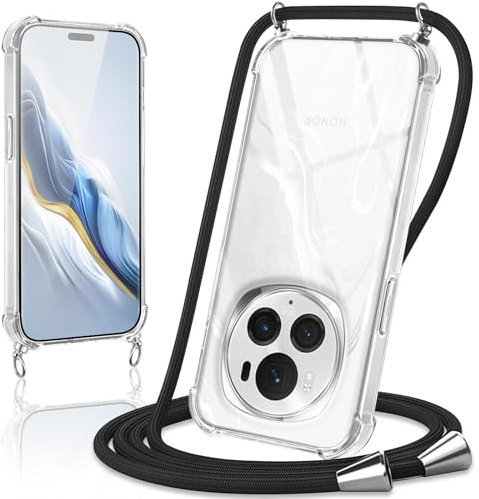 Coiwxmoi Coque avec Cordon pour Honor Magic 6 Pro 5G 6,8, Collier Réglable Téléphone Étui Portable Lanyard Case Transparent Ultra Souple Silicone TPU Housse Antichoc Protection Cover, Noir