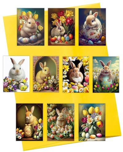 CATNEVERLAND Osterkarten 10er Set - Premium 5x7 Grußkarten mit niedlichen Hasen- und Frühlingsblumen-Motiven - Innenseite blanko mit gelben Umschlägen - Made in USA